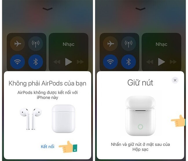 giữ vào nút trên mặt lưng của hộp Airpods để kết nối